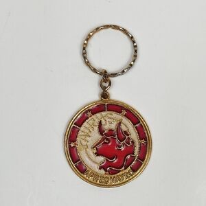 Vtg. Stained Glass Style Astrological TAURUS Zodiac Keychain Pendant Red/Gold